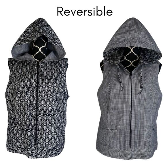Reversible Hooded Sleeveless Full Zip Vest Jacket Gingham & Bees Handmade Sz LG - Picture 1 of 11
